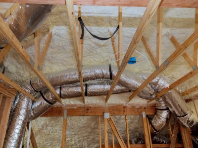 Insulation of attic with fiberglass cold barrier and insulation material insulation attic heating and cooling